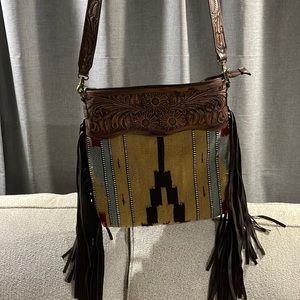 American Darling Saddle Blanket purse with fringe. Brown, Tan, Grey, White.